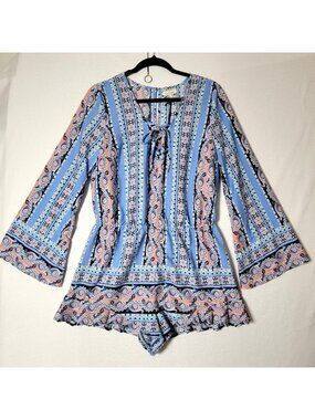 Red Camel Romper Womens Sz L Bell Sleeves V-Neck Ruffled Legs Blue & Coral